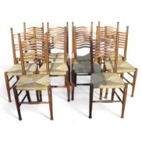 William Birch. A rare set of ten Arts & Crafts rush seated ladder back dining chairs - Thumbnail 1