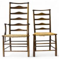 C. R. Ashbee for Guild of Handicraft. A beech ladderback Armchair with a re-rushed seat - Thumbnail 1