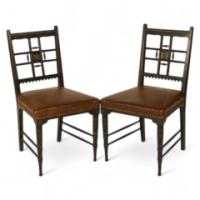 Lambs of Manchester. A pair of fine Anglo-Japanese Ebonised and parcel gilt side chairs. - Thumbnail 1