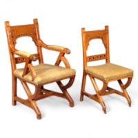 Charles Bevan for Marsh Jones and Cribb. A Reformed Gothic Oak elbow chair and matching side chair - Thumbnail 1