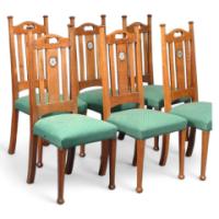 J S Henry (possibly). A set of six Arts and Crafts oak and inlaid dining chairs - Thumbnail 1