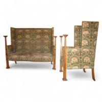 J. S. Henry Attributed, Oak and inlaid sofa and Armchair - Thumbnail 1