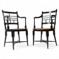 E. W. Godwin for William Watt. A rare pair of Old English or Jacobean ebonised curved back elbow chair - Thumbnail 1