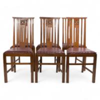 Liberty & Co., Six Arts & Crafts Oak Dining Chairs with Stylised Floral Carving - Thumbnail 1