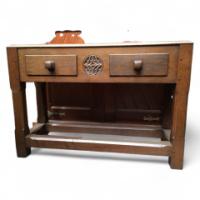 An 1960s Oak side table with inset marble top. - Thumbnail 1