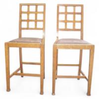 Heal's of London. A Well-Crafted rare pair of Heal's and Co Oak lattice back music/breakfast bar stools - Thumbnail 1