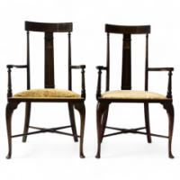 A pair of Arts & Crafts Armchairs with stylised floral details - Thumbnail 1