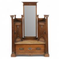 An impressive Arts & Crafts Oak dressing table with pewter and ebony stylised floral inlays. - Thumbnail 1