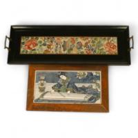 Royal Worcester. Anglo-Japanese Tray with Silk Embroidery with Cast Brass Bamboo Handles - Thumbnail 1