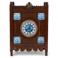 Aesthetic Movement Oak Mantle Clock by Howell & James with Blue Tile Insets