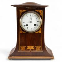 Arts & Crafts Mahogany Mantle Clock with Floral Inlay by Liberty & Co.