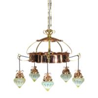 W. A. S. Benson. An Arts & Crafts Copper & Brass Chandelier with 5 Vaseline Shades - Thumbnail 3