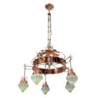 W. A. S. Benson, An Arts & Crafts Copper & Brass Chandelier with 5 Vaseline Shades - Thumbnail 2