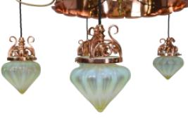 W. A. S. Benson, Arts & Crafts Copper & Brass Chandelier with 5 Vaseline Shades - Thumbnail 10