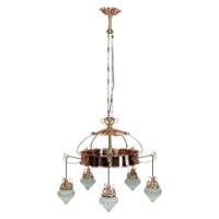 W. A. S. Benson, Arts & Crafts Copper & Brass Chandelier with 5 Vaseline Shades - Thumbnail 3