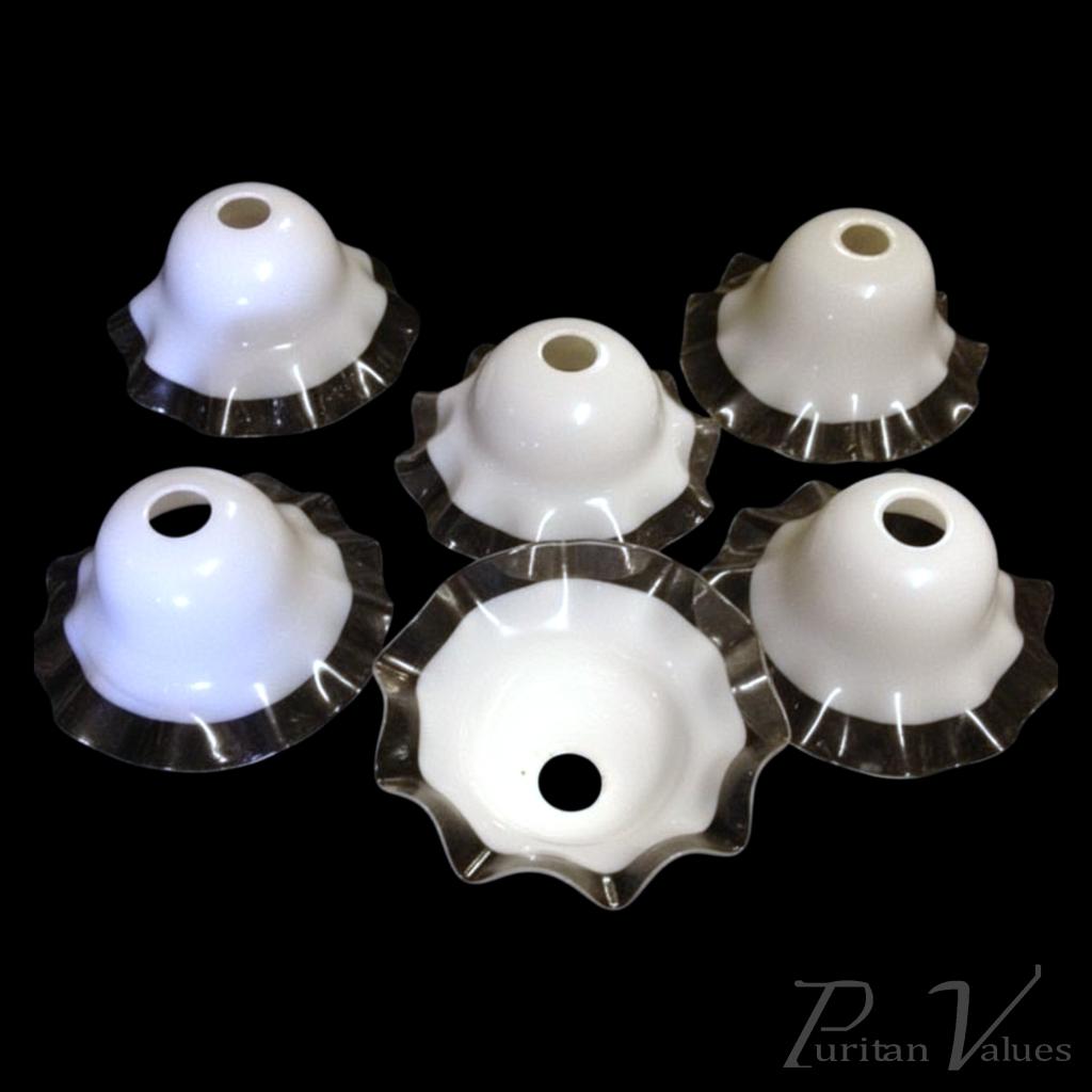Set of Six Arts and Crafts Milky White Glass Shades with Clear Edges c.1910 - Image 1
