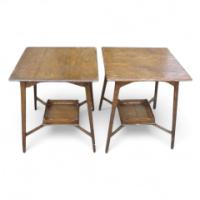 Pair of Arts & Crafts Oak Side Tables with Lower Plant Shelf c.1900