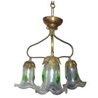 Arts & Crafts Three Branch Brass Ceiling Light with Petal Fitters - Thumbnail 1