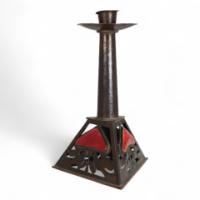 C. F. A. Voysey Attributed, an Arts & Crafts Copper & Enamel Candlestick by Richard Rathbone