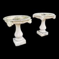 Pair of French Cast Concrete Garden Fountains with Medieval Heads to the Basins