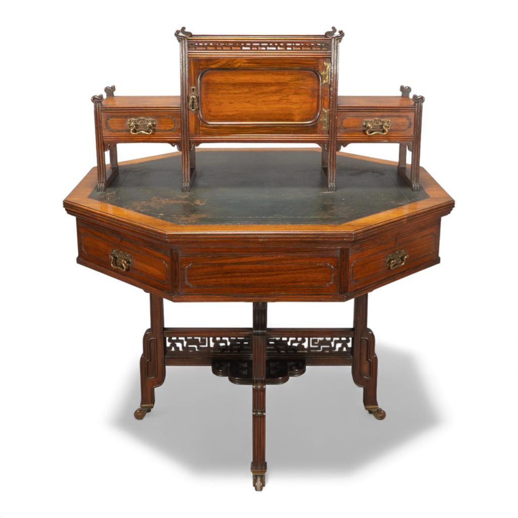 Anglo-Japanese octagonal walnut partner desk attributed to Thomas Jeckyll for William Walker & Sons