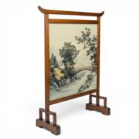 E. W. Godwin. Anglo-Japanese Mahogany Fire Screen with Original Silk Country Scene