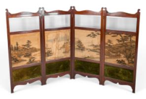 E. W. Godwin Attributed, Anglo-Japanese Four-fold Screen with Japanese Silk Scenes - Thumbnail 3