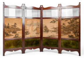 E. W. Godwin Attributed, Anglo-Japanese Four-fold Screen with Japanese Silk Scenes - Thumbnail 2