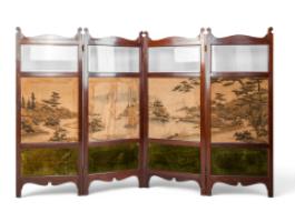 E. W. Godwin Attributed, Anglo-Japanese Four-fold Screen with Japanese Silk Scenes