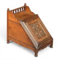 E. W. Godwin for Collinson & Lock. Aesthetic Movement carved Oak coal box - Thumbnail 1