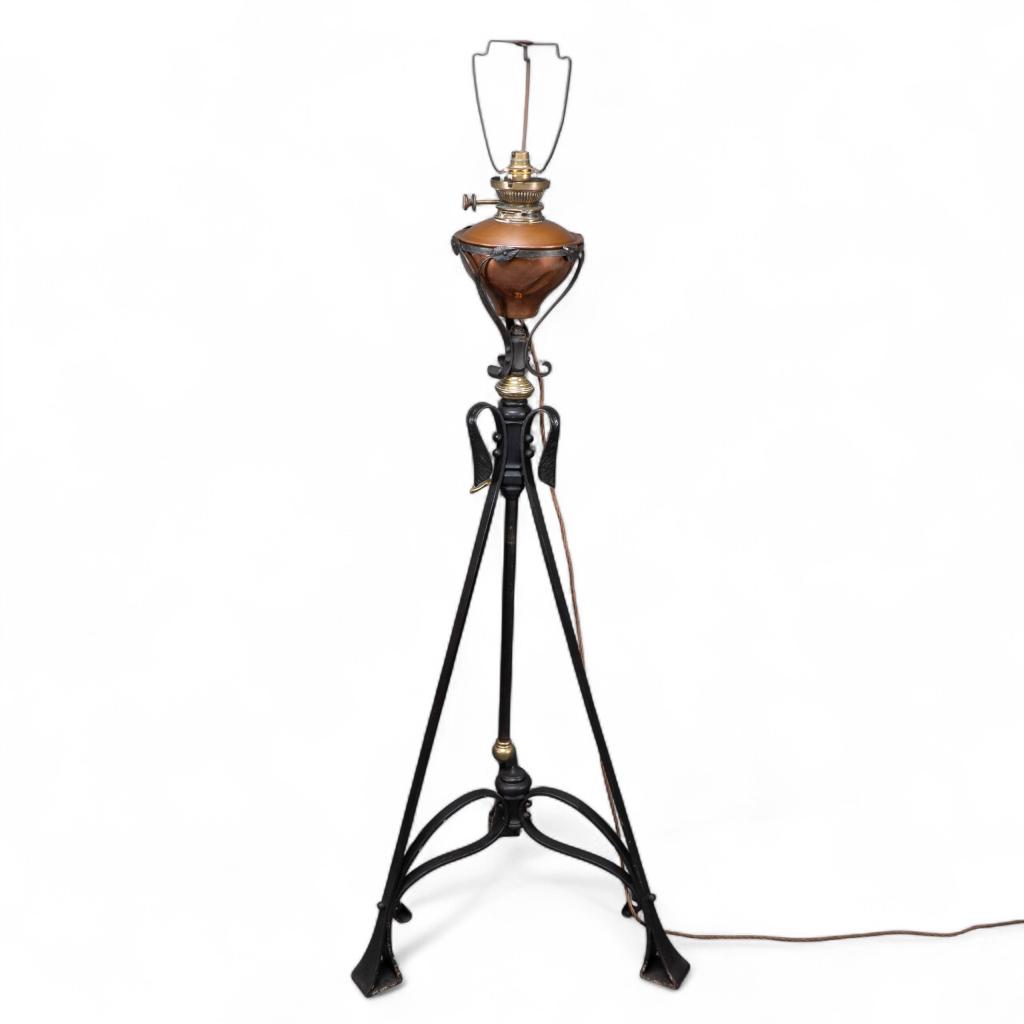 W. A. S. Benson, W. A. S. Benson. An extremely rare Arts & Crafts iron telescopic standard or floor lamp.