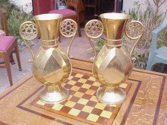 A. W. N. Pugin. A pair of Gothic Revival brass flower vases engraved 'St Mary's Parish' - Thumbnail 2