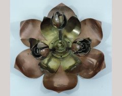 W. A. S. Benson. A brass and copper oil lamp with three tiered brass flower outer leaves - Thumbnail 1