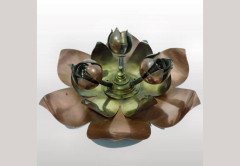 W. A. S. Benson. A brass and copper oil lamp with three tiered brass flower outer leaves - Thumbnail 2