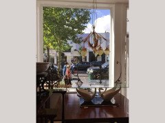 W. A. S. Benson. Rare five arm chandelier with original James Powell Vaseline shades - Thumbnail 2