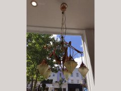 W. A. S. Benson. Rare five arm chandelier with original James Powell Vaseline shades - Thumbnail 3