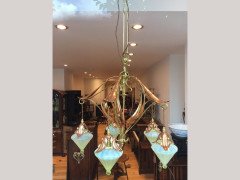W. A. S. Benson. Rare five arm chandelier with original James Powell Vaseline shades - Thumbnail 5