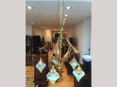 W. A. S. Benson. Rare five arm chandelier with original James Powell Vaseline shades - Thumbnail 6