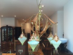 W. A. S. Benson. Rare five arm chandelier with original James Powell Vaseline shades - Thumbnail 7