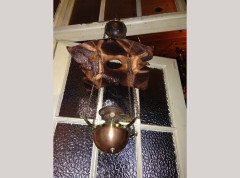 W. A. S. Benson. A brass and copper hanging tiered oil lamp with petal shade to the top. - Thumbnail 2