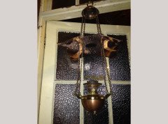 W. A. S. Benson. A brass and copper hanging tiered oil lamp with petal shade to the top. - Thumbnail 3