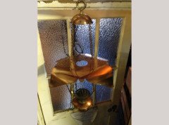 W. A. S. Benson. A brass and copper hanging tiered oil lamp with petal shade to the top. - Thumbnail 4