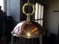 W. A. S. Benson. A brass and copper hanging tiered oil lamp with petal shade to the top. - Thumbnail 5