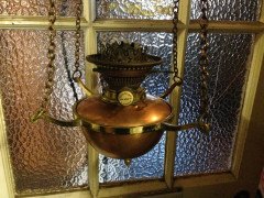 W. A. S. Benson. A brass and copper hanging tiered oil lamp with petal shade to the top. - Thumbnail 6