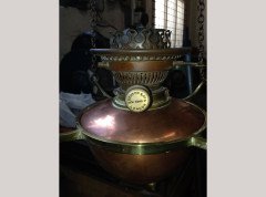 W. A. S. Benson. A brass and copper hanging tiered oil lamp with petal shade to the top. - Thumbnail 7
