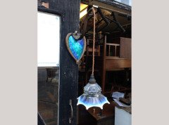 A pair of Arts & Crafts copper wall lights with peacock blue enamel heart shaped back plates. - Thumbnail 2