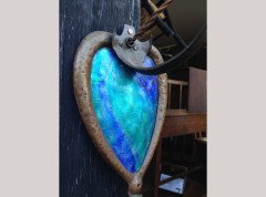 A pair of Arts & Crafts copper wall lights with peacock blue enamel heart shaped back plates. - Thumbnail 6