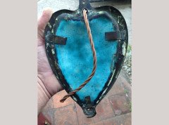 A pair of Arts & Crafts copper wall lights with peacock blue enamel heart shaped back plates. - Thumbnail 8