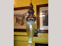 An Arts & Crafts copper pendant retaining the original Vaseline shade - Thumbnail 1