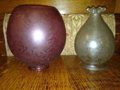 Victorian Cranberry Acid-Etched Globe Shade and Opal Etched Tulip Shade c.1890 - Thumbnail 3